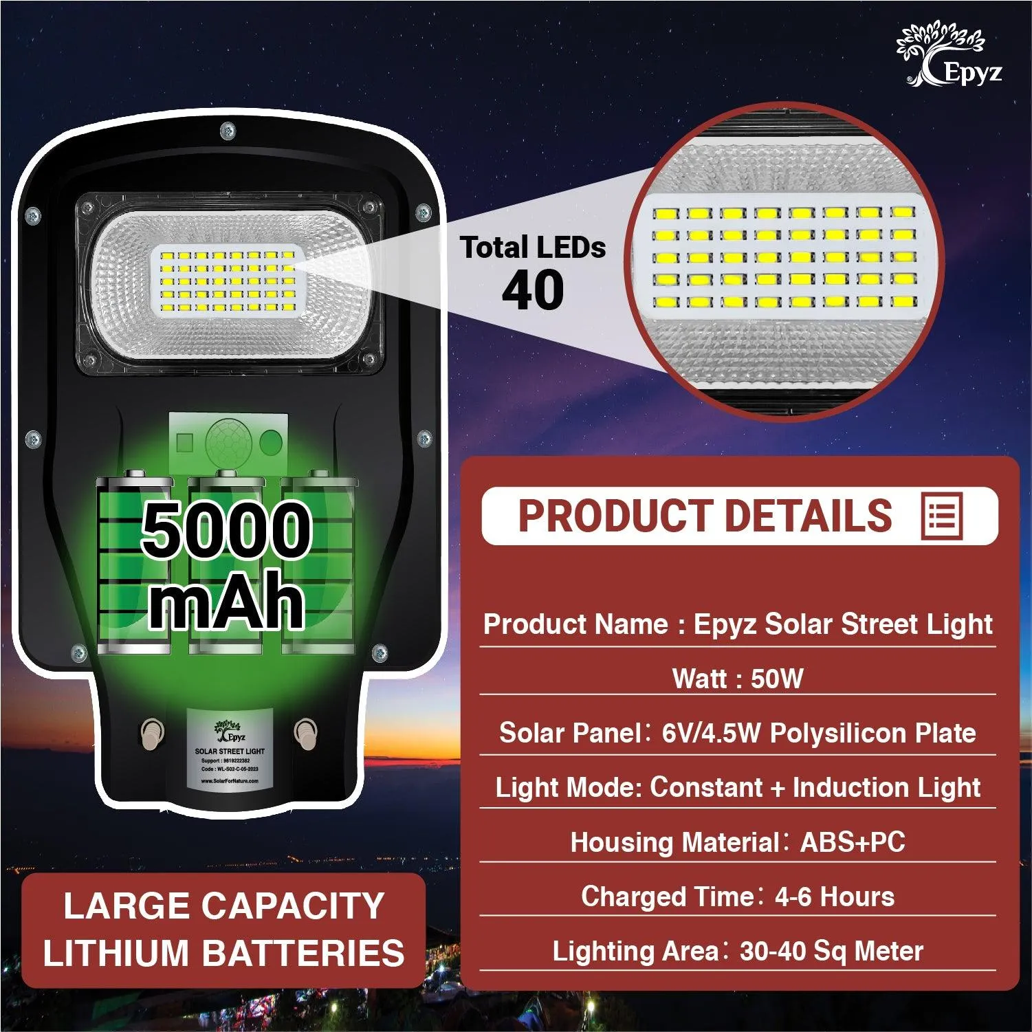 50 Watt Solar Street Light With Motion Sensor Without Pole (White Light)