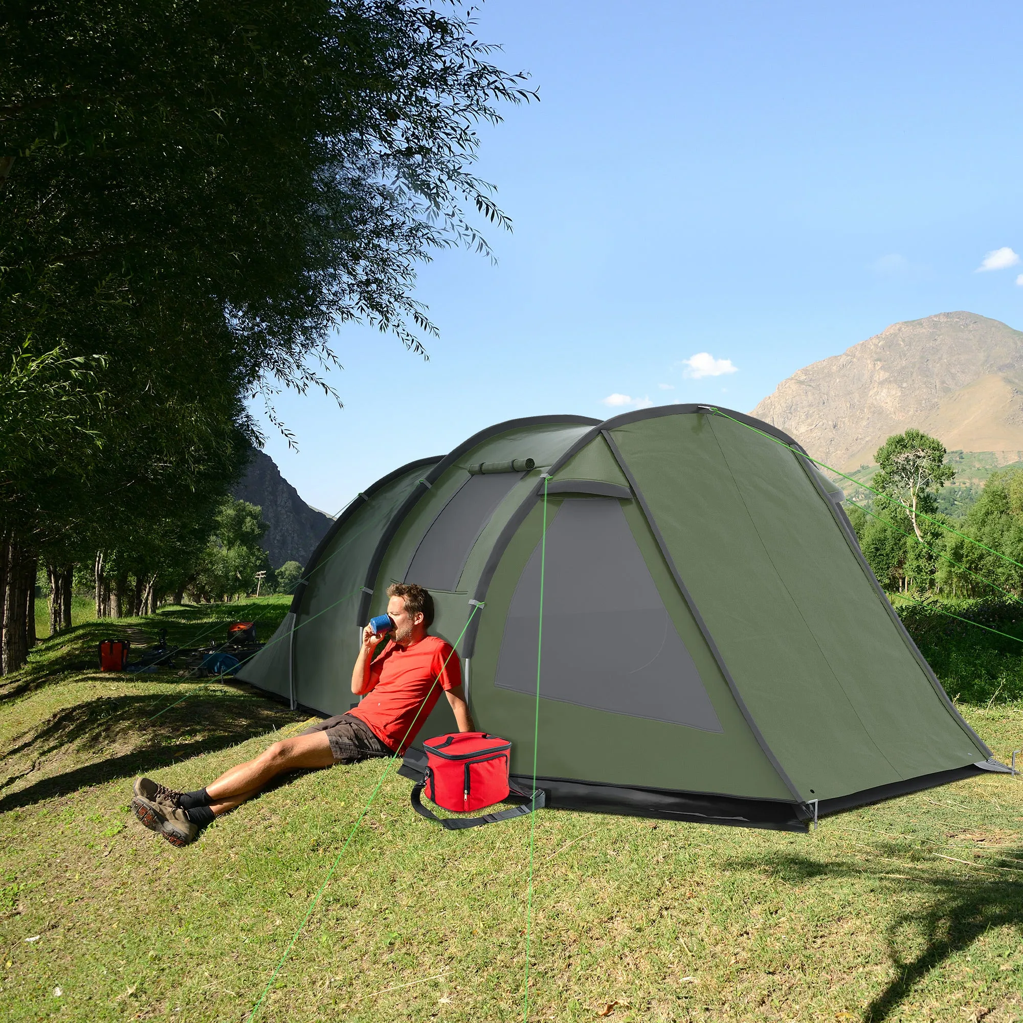 Two Room Tunnel Tent Camping Tent for 3-4 Man with Windows, Covers, Carry Bag, for Fishing, Hiking, Sports, Green